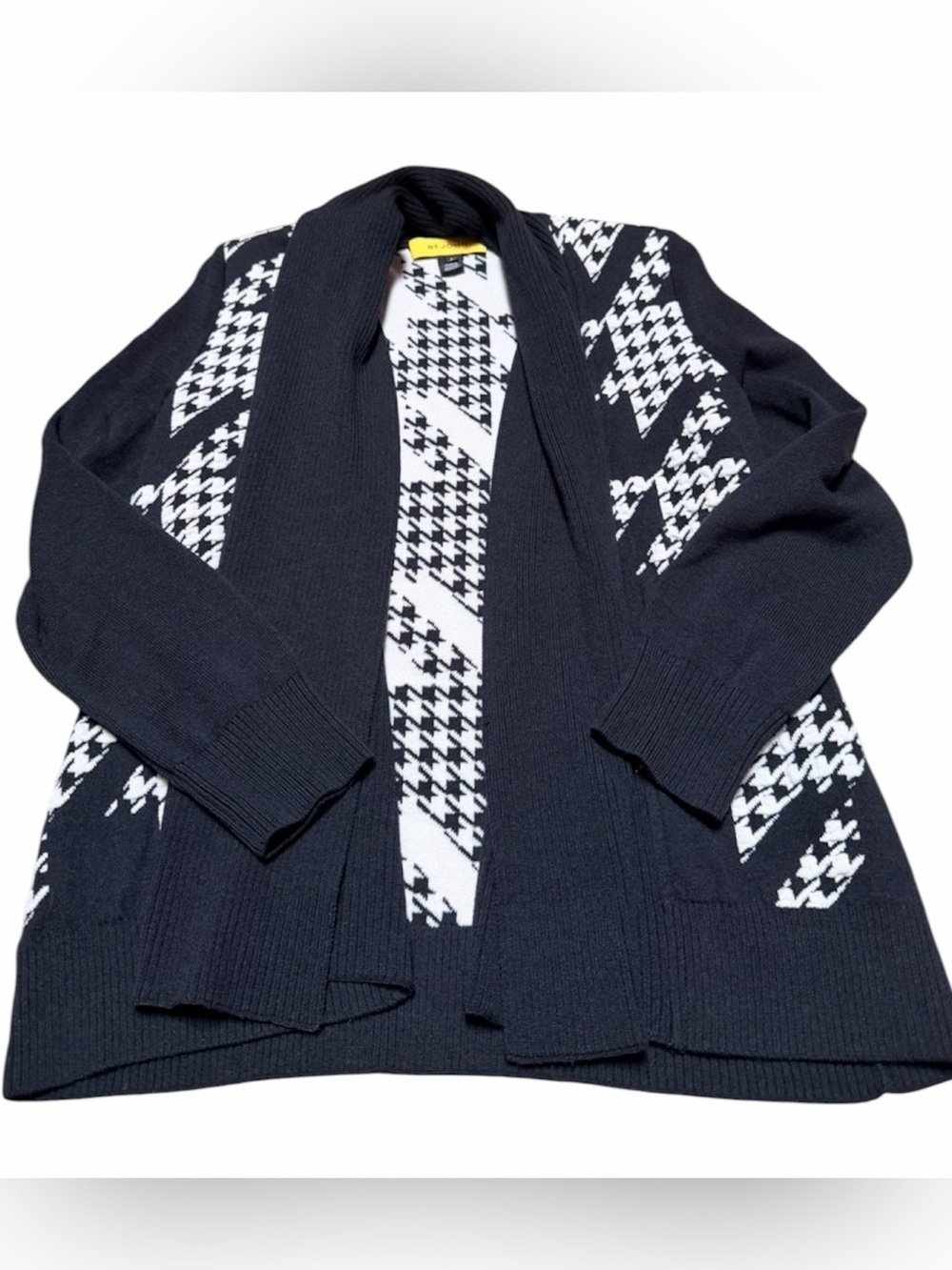 St. John Black & White Houndstooth Open-Front Sweater Cardigan